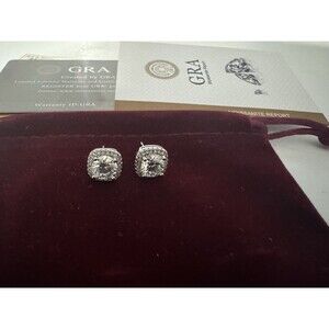 GRA 1 carat Moissanite Halo Cushion Earrings white gold plated Butterfly Back